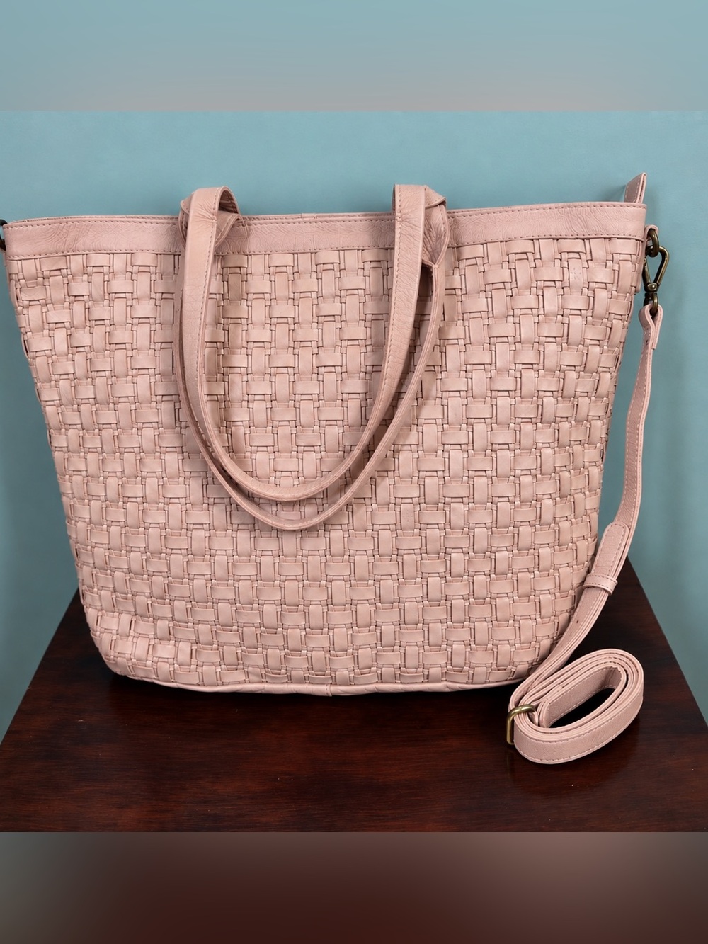 Anthropologie Pink Woven Leather Tote Bag Crossbody Handbag
